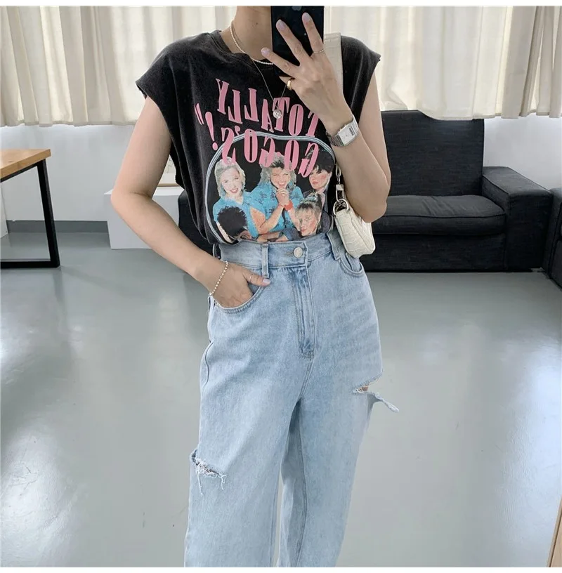 South Korea Dongdaemun Sleeveless T-shirt Women\'s Summer 2024 New Printed Loose Tank Top Versatile Design Feel on Clothes