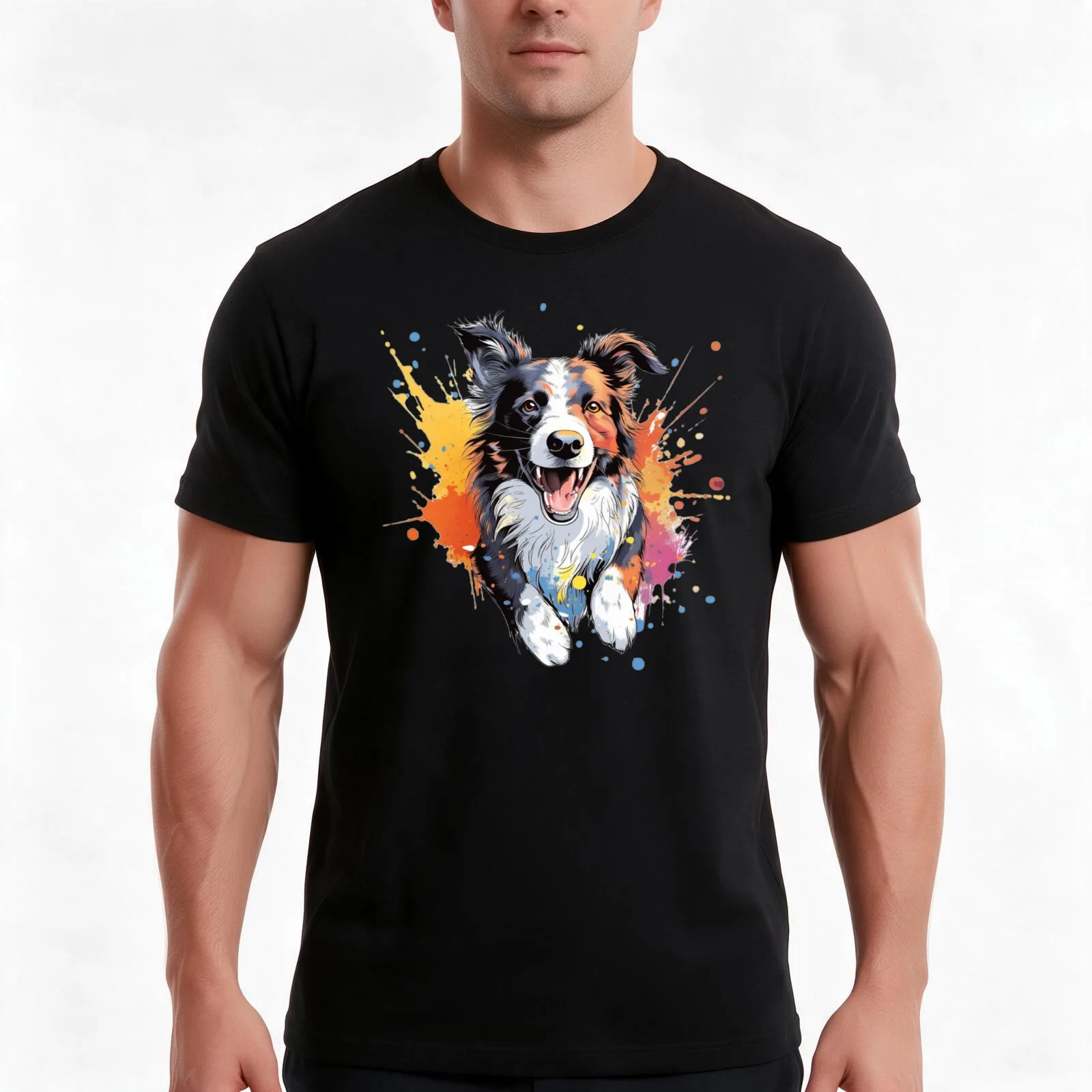 Agility border collie with colourful background T-Shirt Summer Casual Cotton Tee Oversized Streetwear Tops Unisex Men Women