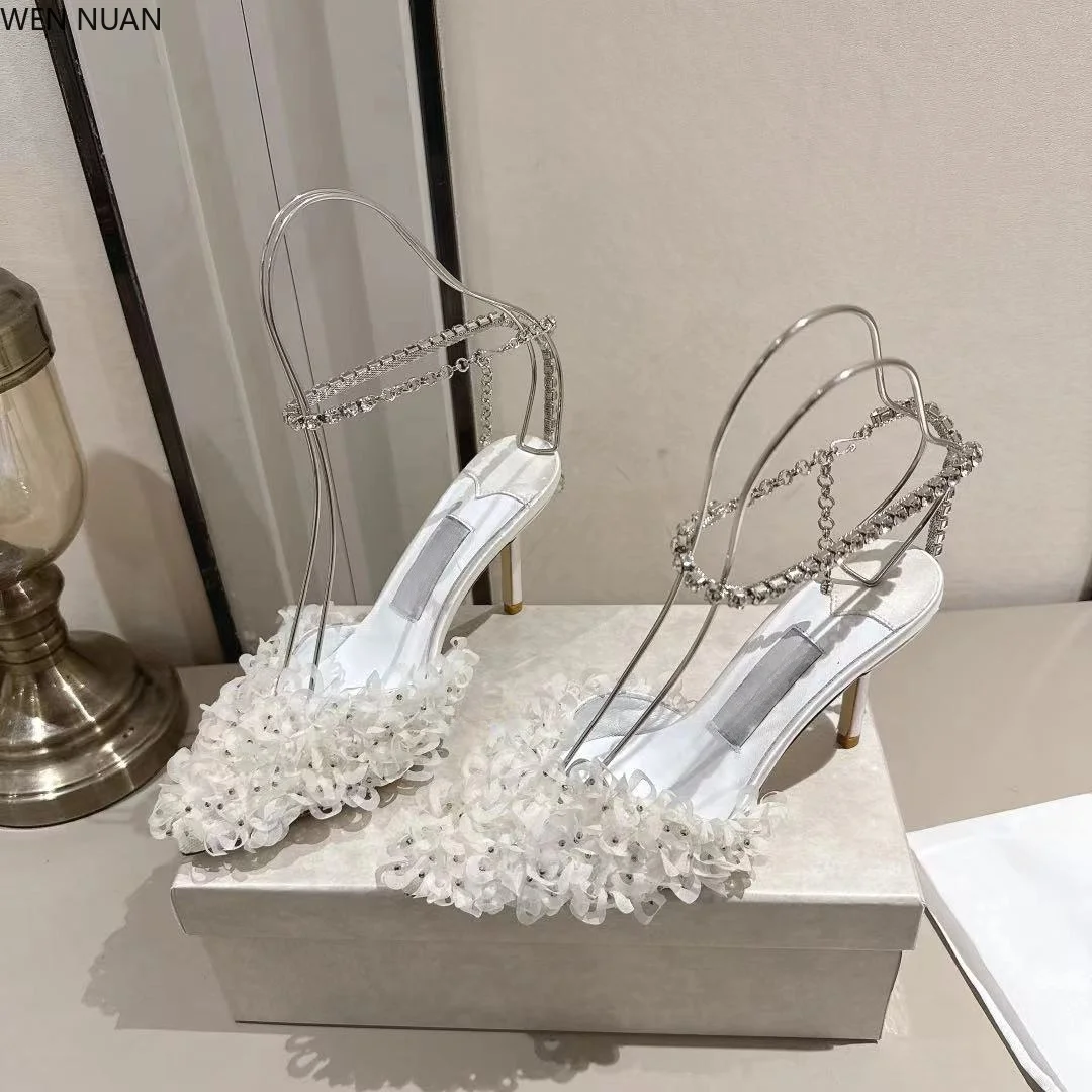 Women's high-heeled shoes, wedding shoes, delicate flower-shaped crystal chain pointed-toe slip-on sandals