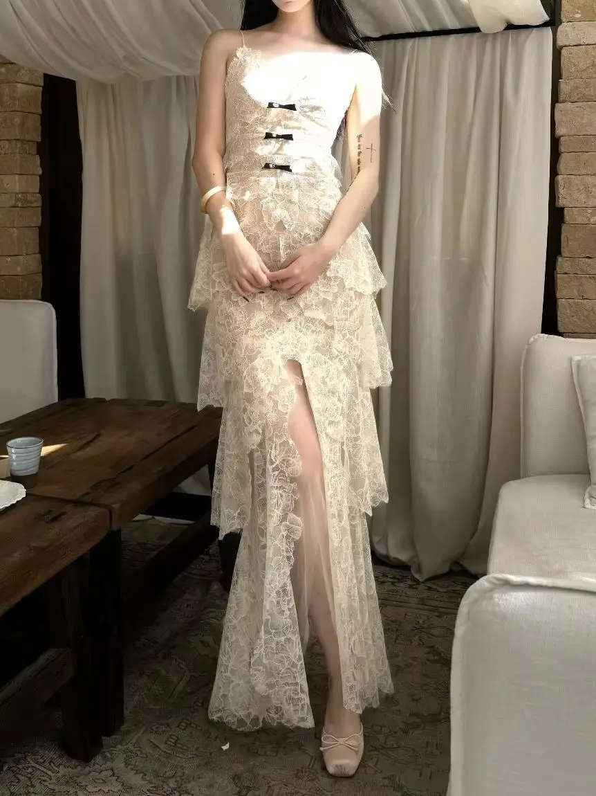 2026 Women Lace Mesh Spliced Long Dress Color Contrast Bow Design V-Neck Sleeveless High Waist Sexy Sling Robe