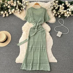 Chic Hollow Lace Up Two Pieces Sets Dress Knit Dresses Korean Fashion Vestidos Women Crochet Vintage Summer Trumpet Dress
