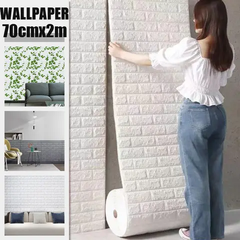 Self Adhesive PVC Waterproof Wallpaper For Home Decoration Peel and Stick 3D Foam Faux Brick Pattern Wall Stickers 70cmx2m
