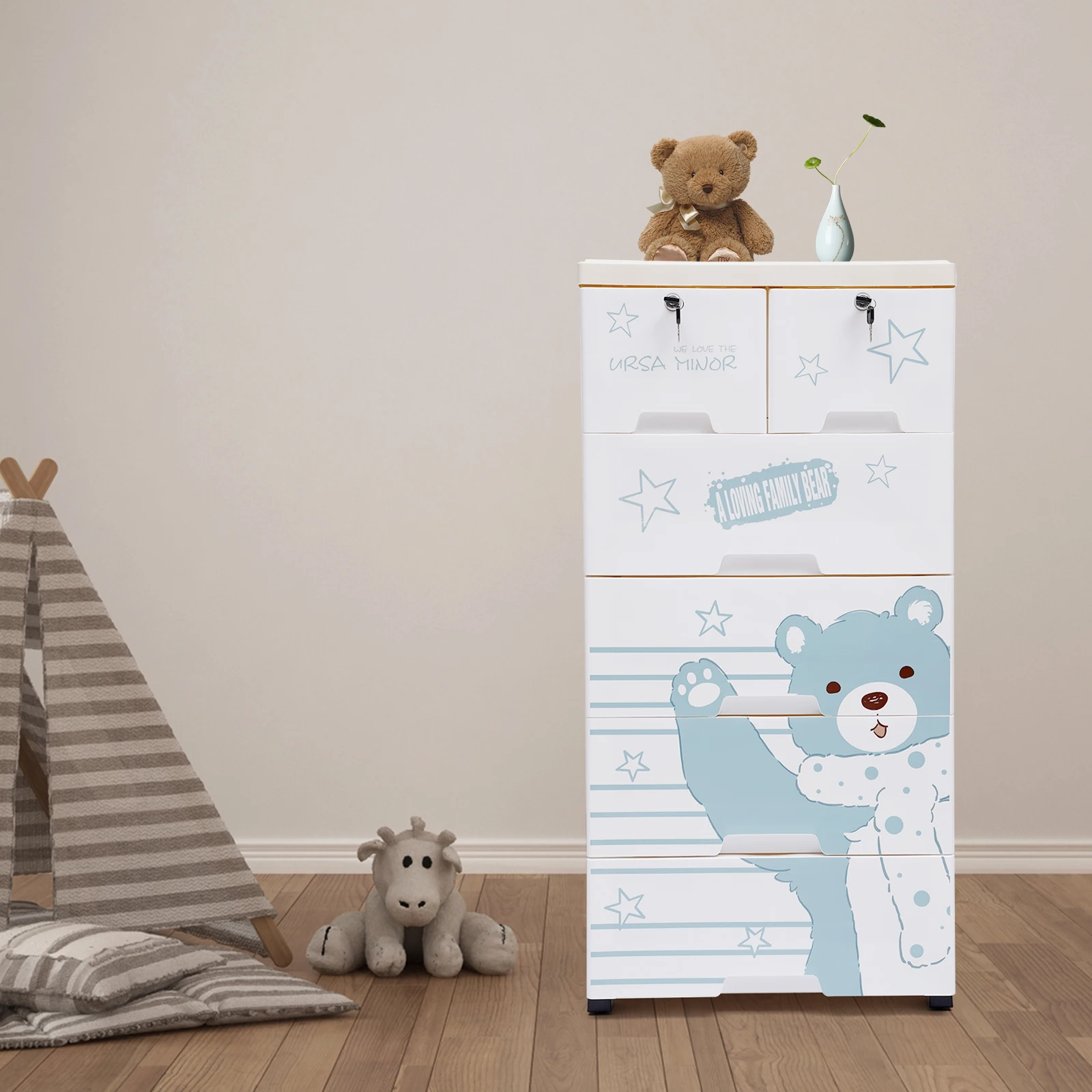 5 Layers 6 Drawers Polar Bear Cartoon Style Closet, Dustproof Dolls Storage & Clothes Organizer Cabinet W/ Wheels