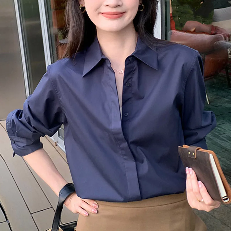 

Корейская модная темно-синяя женская рубашка-блузка с отложным воротником, длинным рукавом, однобортная, повседневная, элегантная, немнущаяся, для офиса (OL)