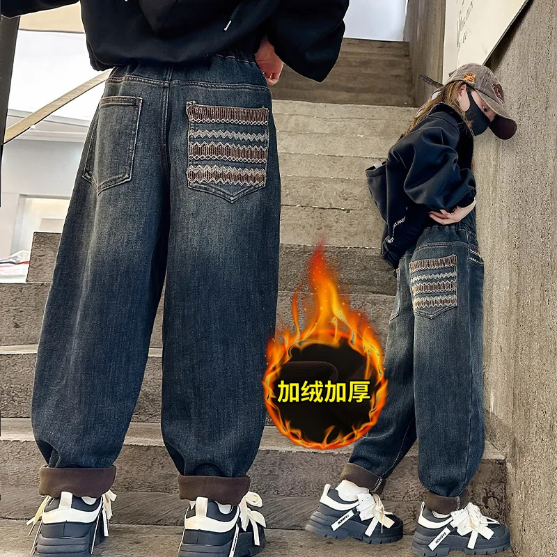 أزياء الفتيات صوف مبطن الجينز الخريف الشتاء نمط جديد متوسطة إلى كبيرة الاطفال سميكة الدافئة سراويل جينز ملابس الأطفال #4