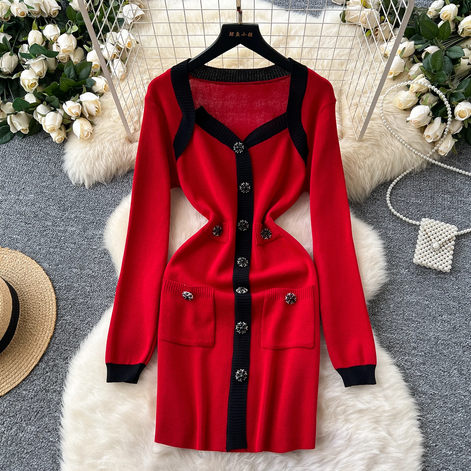 Elegant Long Sleeve Vintage Square Collar Chic Patchwork Metal Buckle Slim Knit Dress French Evening High Street Winter Clothing