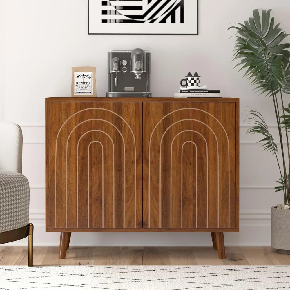 

Exquisite Accent Cabinet with Carving Lines, Modern Buffet Sideboard with Adjustable Shelves, Decorative Storage Cabinets for Be