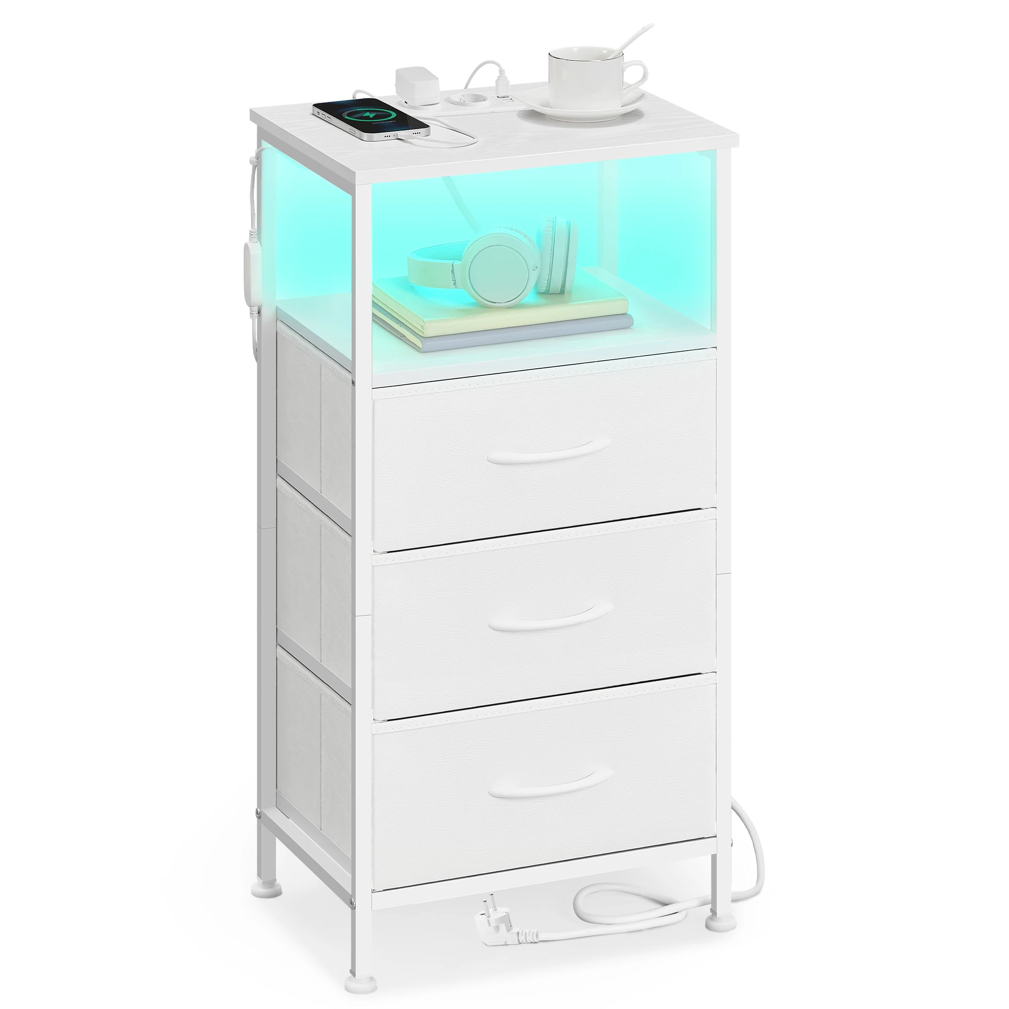 SONGMICS nachtkastje met LED-verlichting en oplaadstation, nachtkastje met 3 laden en open vak, Wit