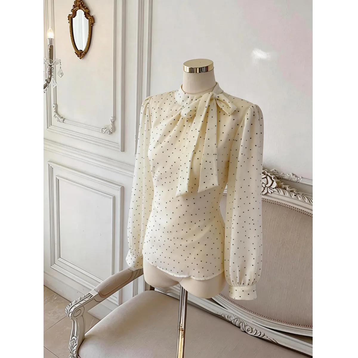 

Elegant Polka Dot Knot Tied Waist Chiffon Shirt Clean Fit Long Sleeve Polyester Fiber Spring Season Girls Fashion