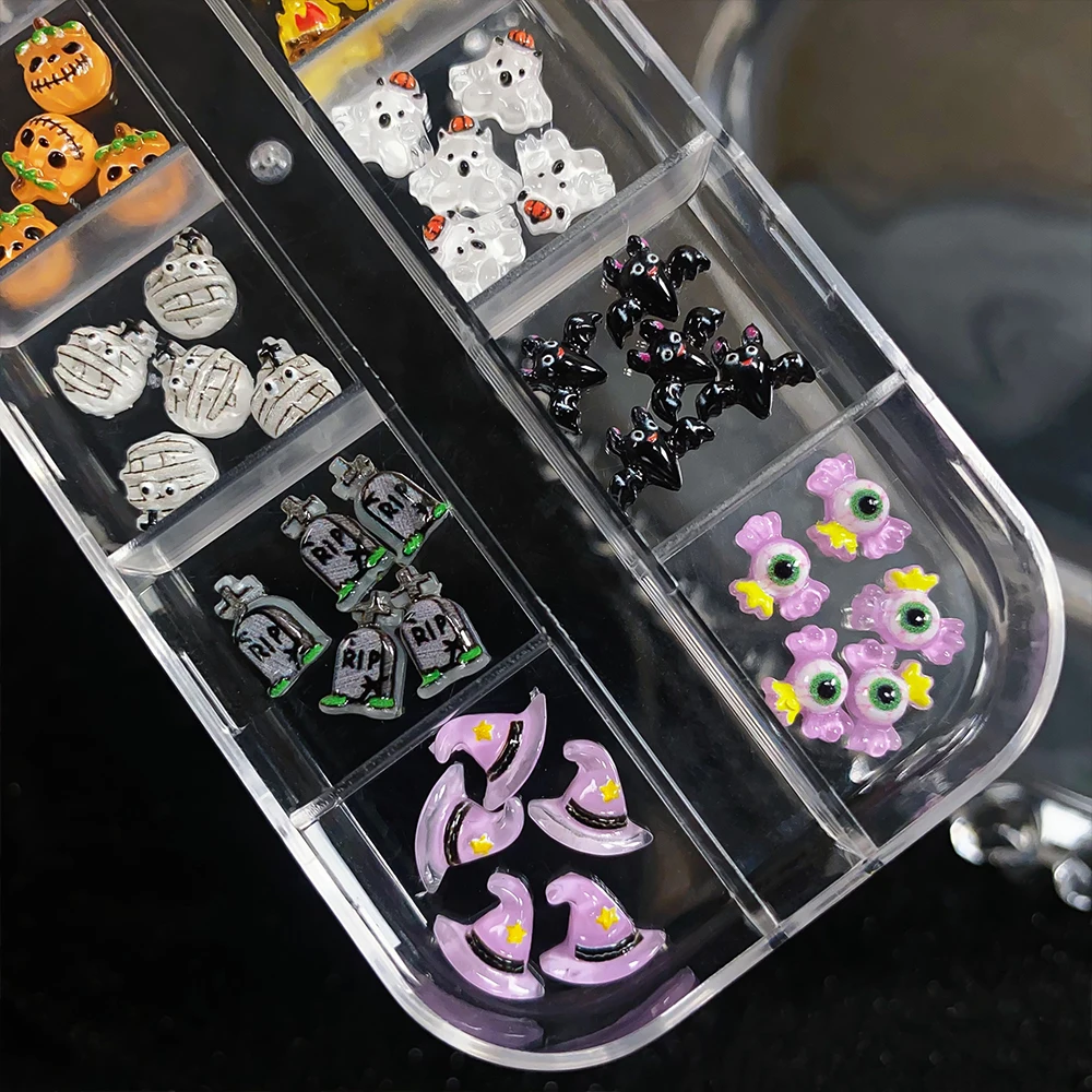 12 gids 3D resina fantasma murciélago Halloween uñas diamantes de imitación araña malvada calabaza momia lindo encantos de uñas plana joyería de manicura de Halloween