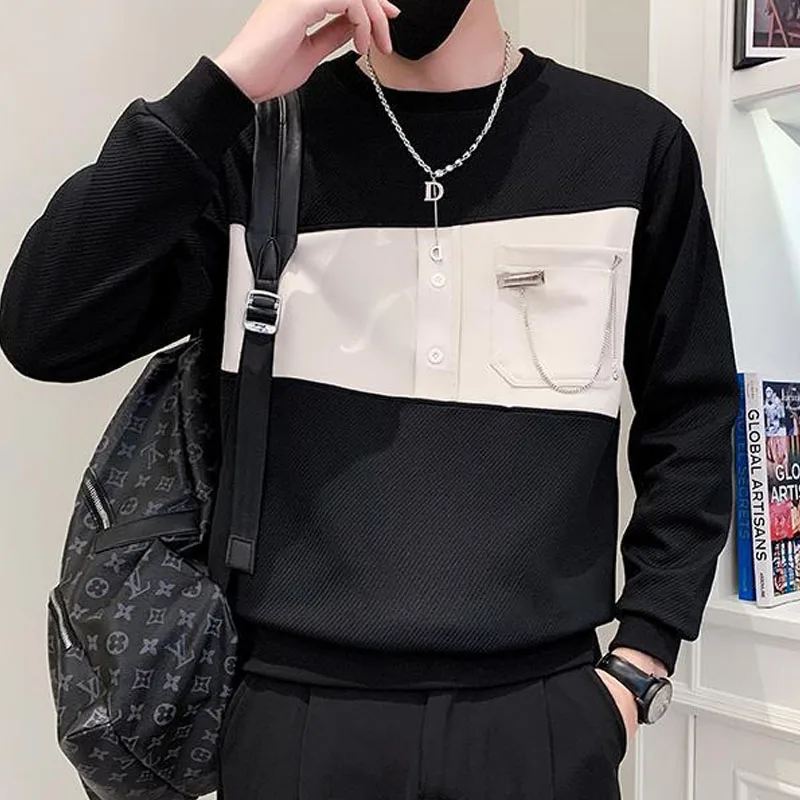 

Spring and Autumn Fashion Trend Patchwork Color Contrast Round Neck Versatile Loose Casual Age Reducing Men's Long Sleeved Sweat