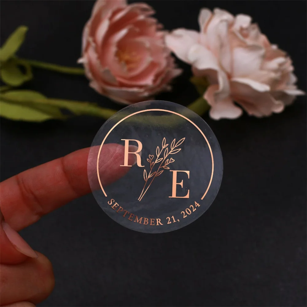 Wedding Transparent Stickers With Foil, 50Pcs Personalized Gold Stickers 3cm~7cm,Envelope Seal Stickers,Thank You Gold Sticker