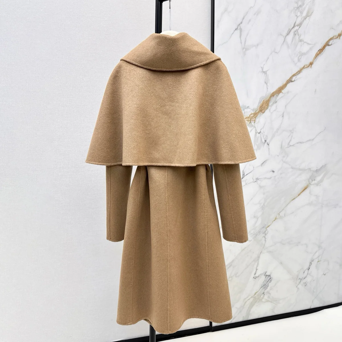 High Quality Women Round Neck Long Coat With Detachable Cape Belted Self Tie Waist Elegant Outerwear lyt26728105