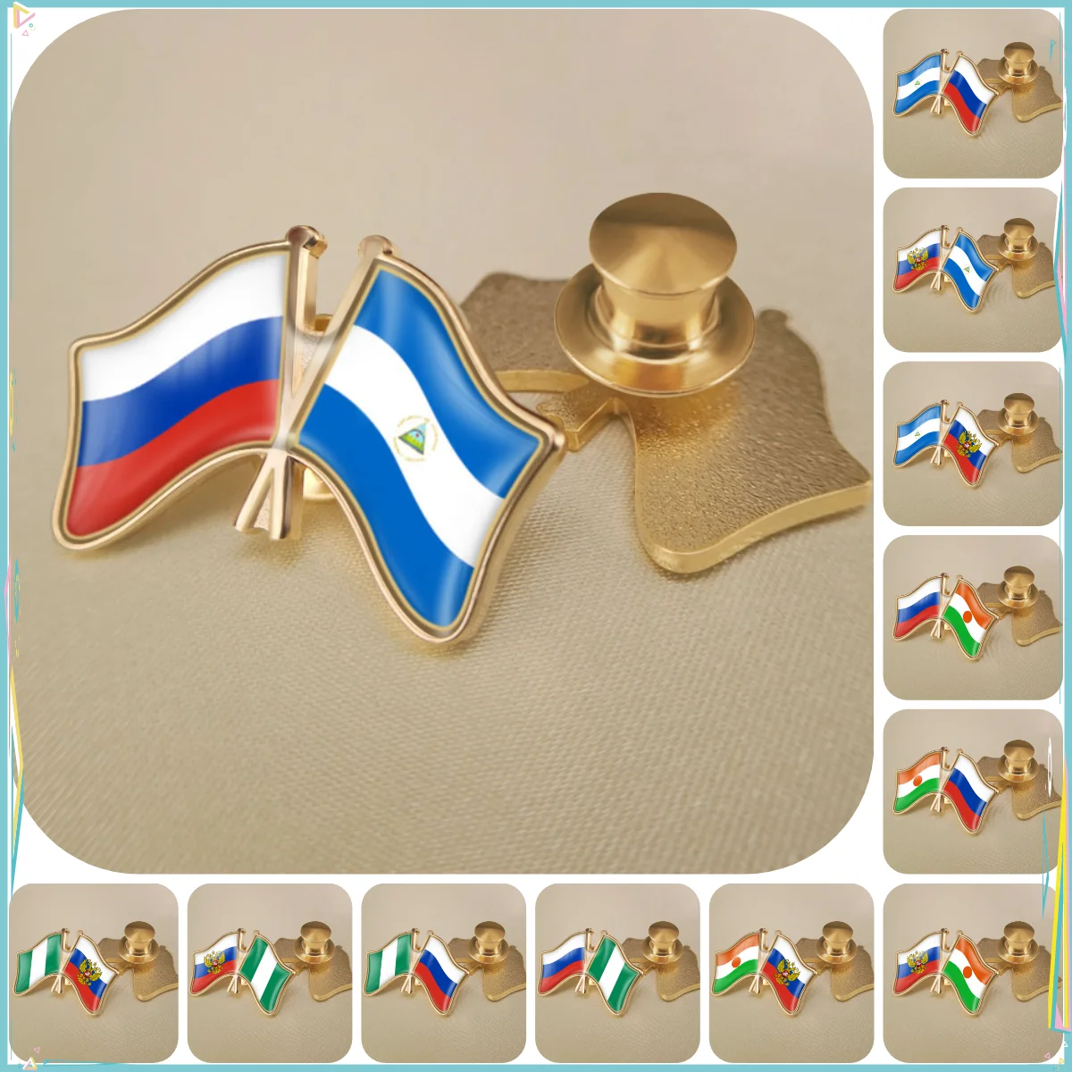 Russian Federation and Nicaragua Niger Nigeria Double Crossed Friendship Flags Brooches Lapel Pins Badges