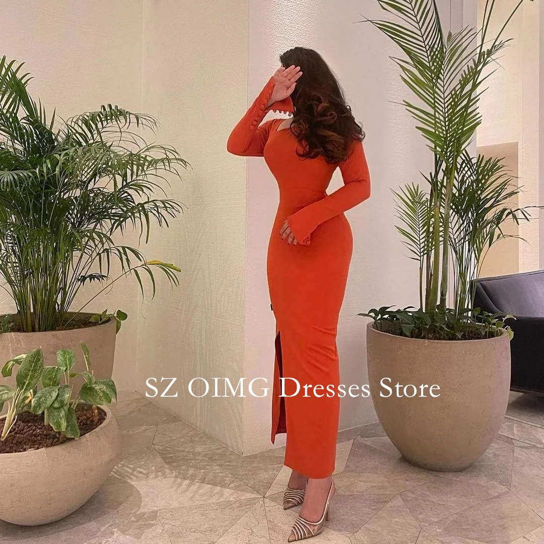 

OIMG Mermaid Irregular Prom Dresses Orange Vintage Ruched Arabic Long Bell Sleeves Side Slit Evening Gowns Formal Party Dress