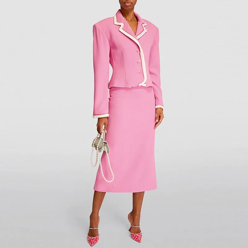 2024 New Fashion Contrast Color Small Suit Jacket Mid-Length Skirt Sets Feminine Long Sleeve Tops Slimming Skirts Two-Piece Sets