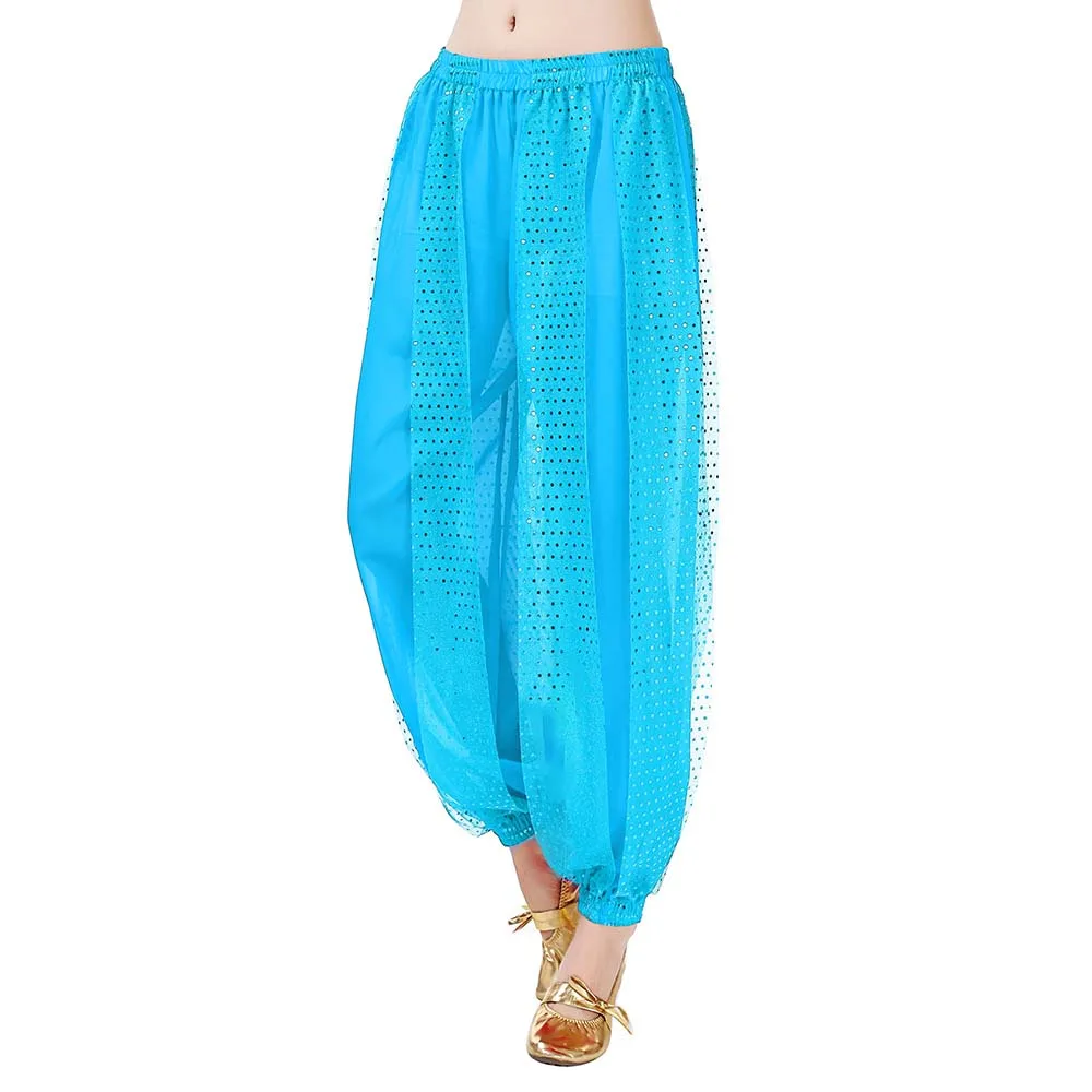 Women Belly Dance Harem Pants Shiny Sequin Chiffon Loose Bloomers Arabic Indian Lantern Pants for Cosplay Stage Performance image 5