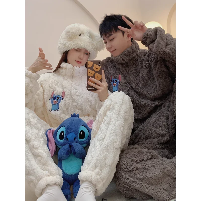 Cartoon Disney couple pajamas winter loungewear coral fleece cotton two-piece suit men\'s Stitch loungewear women\'s pajamas