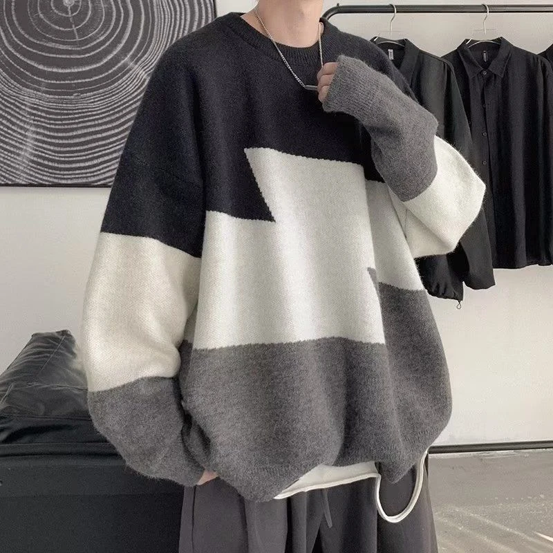 Spring Autumn Spliced Hit Color Long Sleeve Men O Neck Sweaters Fashion Loose All-match Oversized Knitted Clothing Black Orange