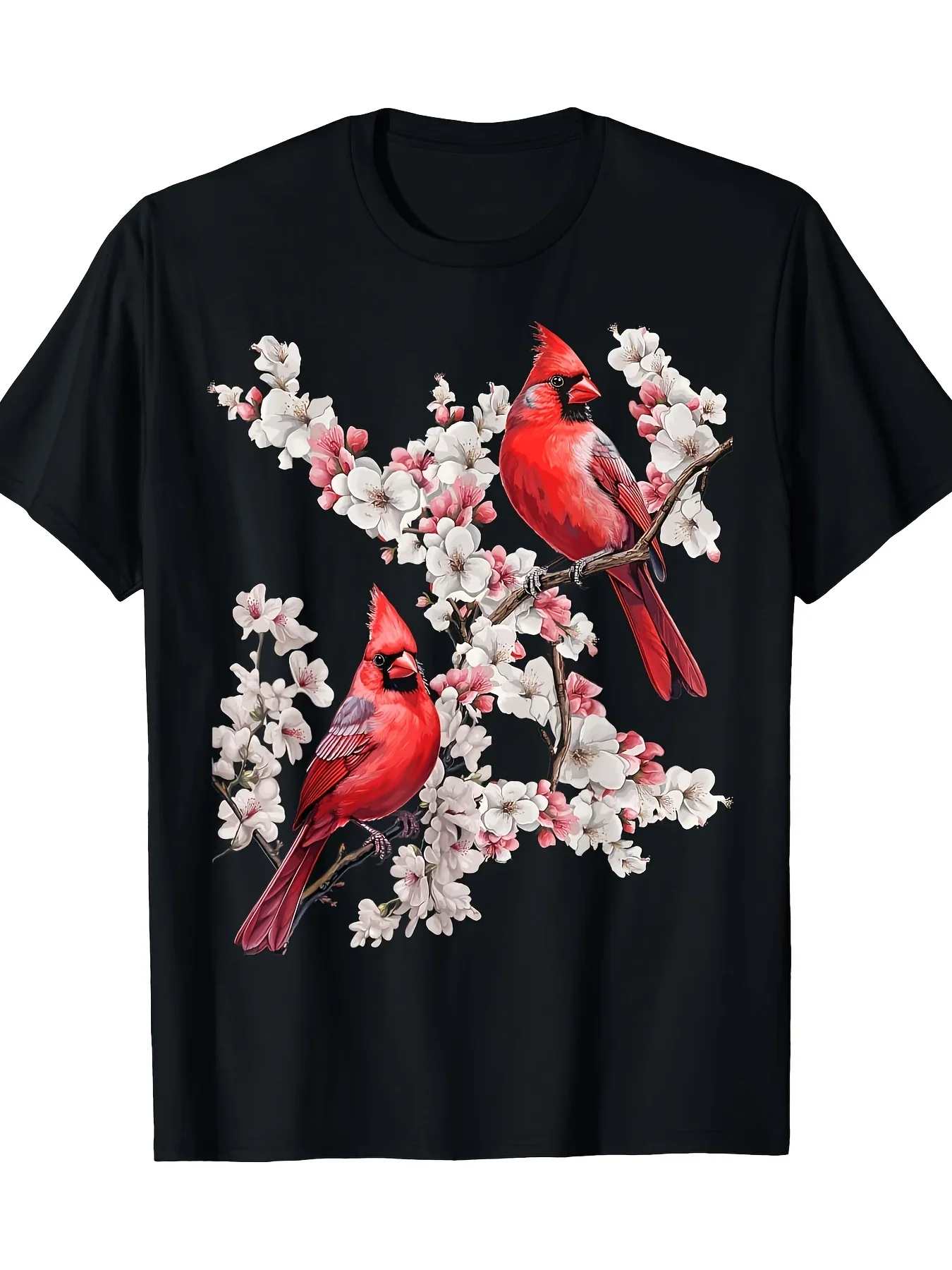 's & 's Black Red Cardinal Birds Winter Scene Christmas T-Shirt - 100% Cotton 180g Soft Breathable Short Sleeve Tee with Vibrant Retro Cherry Blossom & Cardinal Print, All-Season Casual Wear, Holiday Gift for Adults (Unisex Fit) -