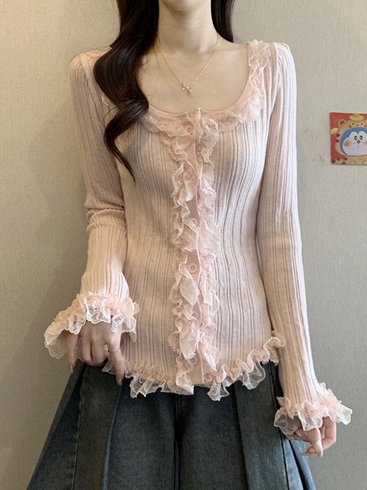 

Модный облегающий трикотажный топ для женщин, весенний наряд 2026, новый дизайн, рукав-колокол, V-образный вырез, длинный рукав, цветной топ