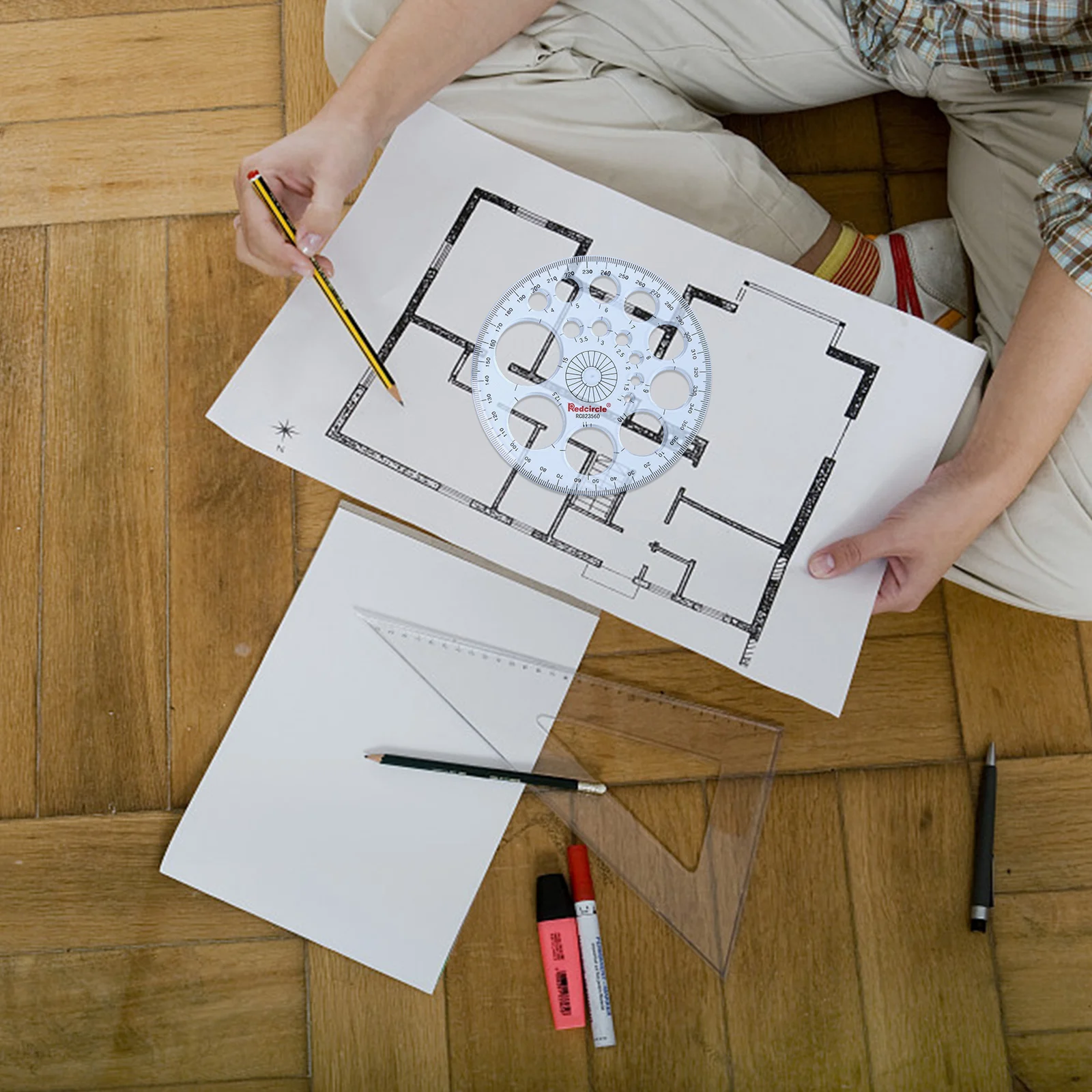 قالب هندسي متعدد الوظائف، دوائر مسطرة قياس بلاستيكية، شكل رسم، أدوات استنسل رسم هندسي لمدرسة المكتب #4