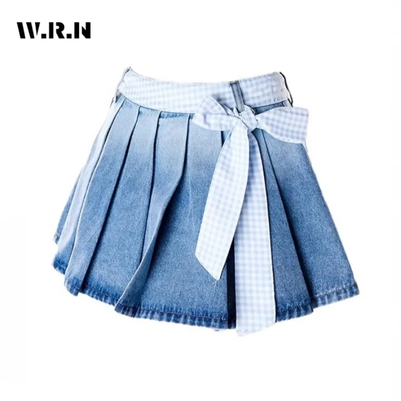 

Women Sweet Y2K Slim Fit Bow Decoration Plaid Patchwork Skirts 2025 Summer Casual Hotsweet High Waist Mini Denim Short Skirt