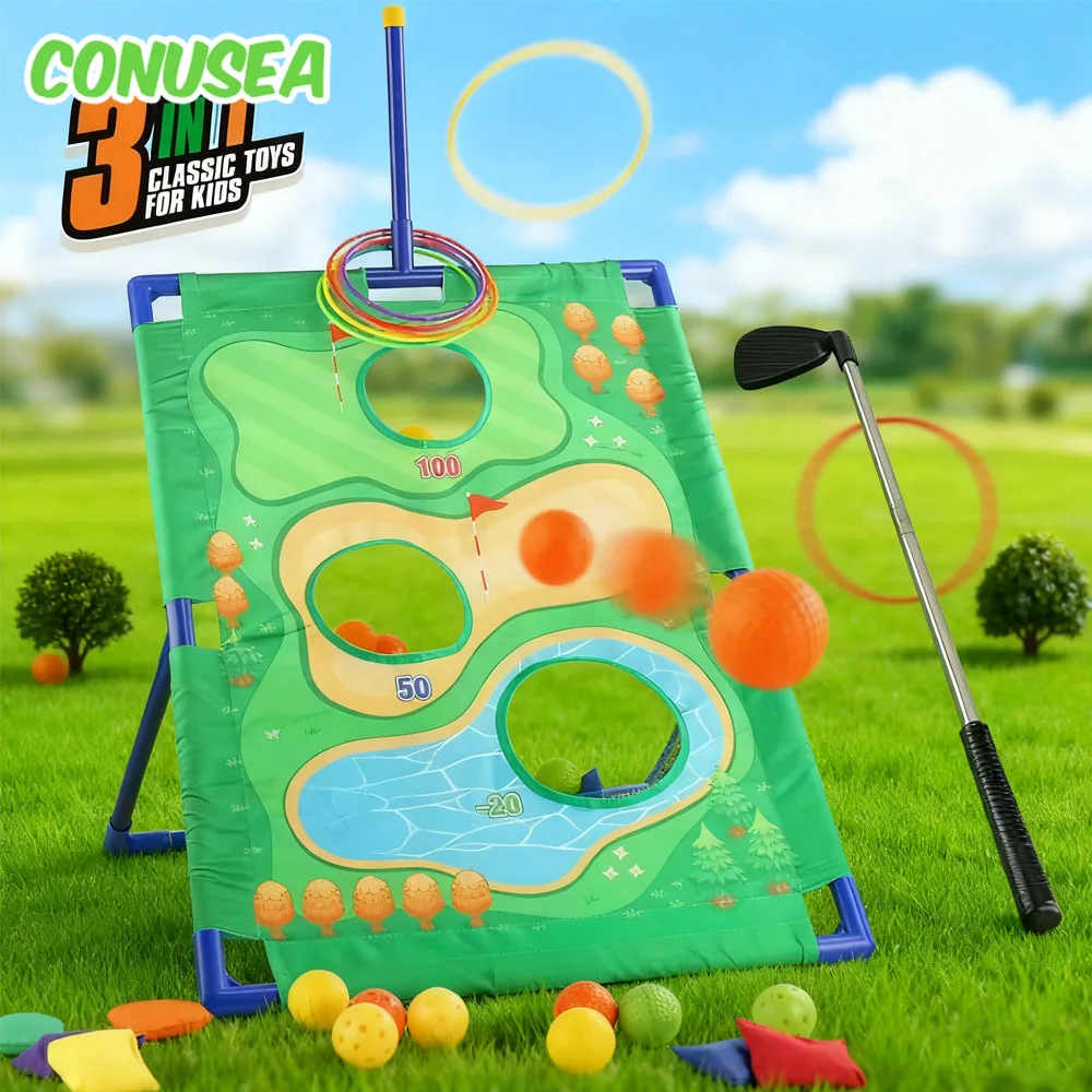 어린이용 3in1 야외 게임 키즈 골프 세트 장난감 스포츠 골프 퍼팅 연습 매트 빈 토스 백 레저 타임 콘 홀 세트