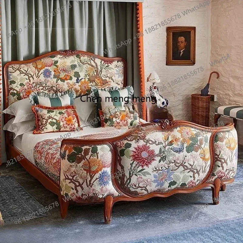A114  Neoclassical carved bed, retro printed fabric soft bag bed, light luxury retro master bed