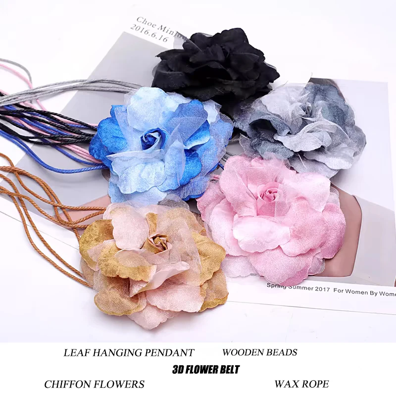 Lässige geknotete Taillenkette für Kleider, Damen, dünner Taillengürtel, lange Quaste, geflochtener Bund, elegante handgefertigte große Blume,