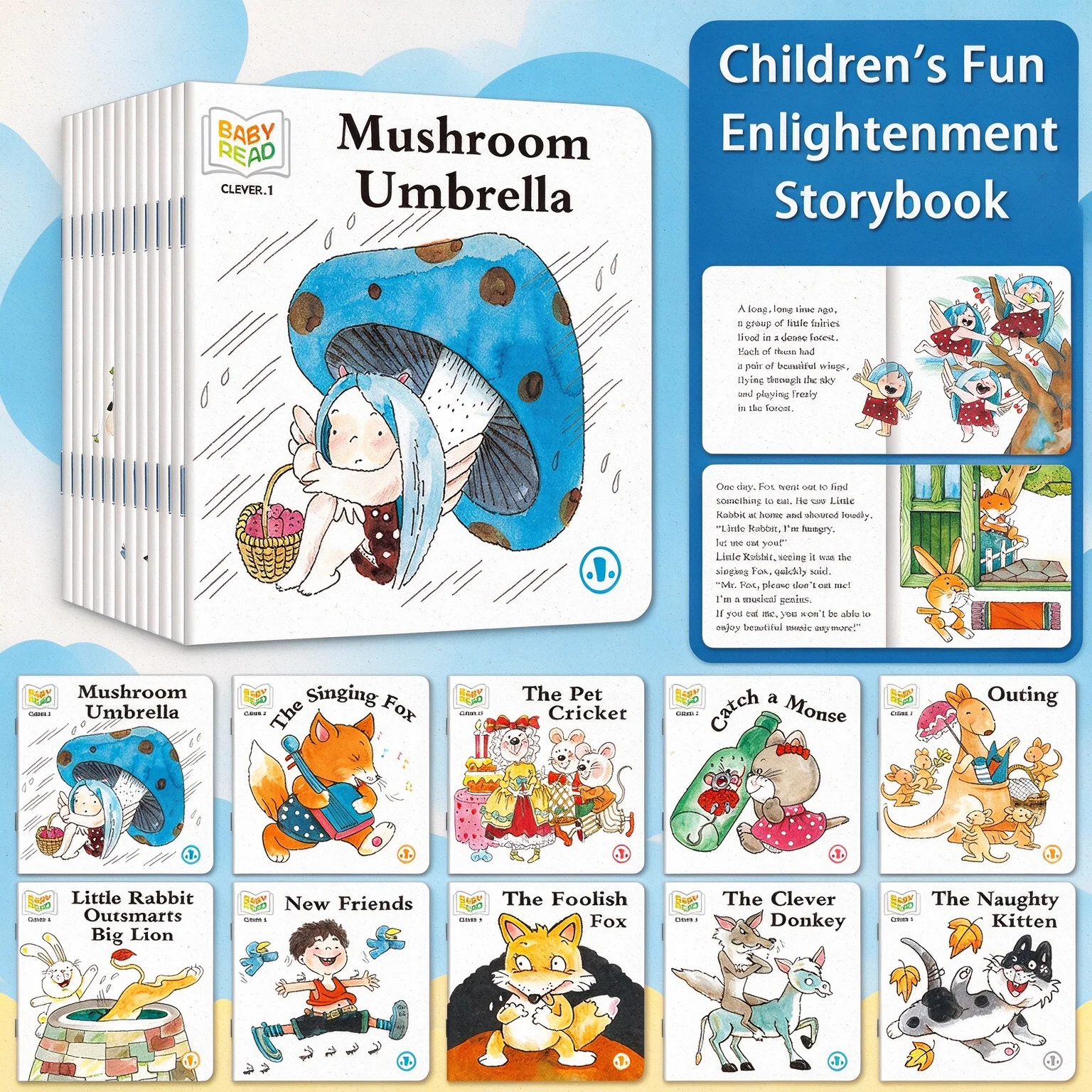 10 English Picture Books: Featuring vibrant cartoon illustrations and a rounded-corner design to enhance cognitive development.