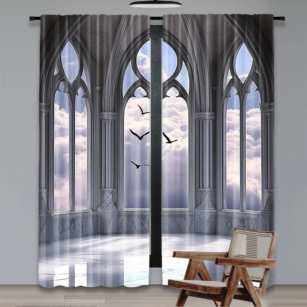 2Pcs Gothic Curtains Medieval Stone Balcony Graphic Design Mystic Middle Age Story For Bedroom Living Room And Dining Room A