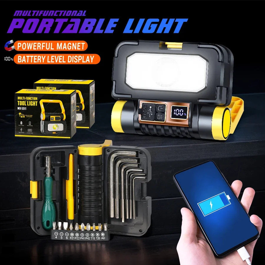 

Solar Rechargeable LED Flashlight COB Waterproof Tactical Flashlight Screwdriver Tool Torch Auto Repair Emergency Work Light