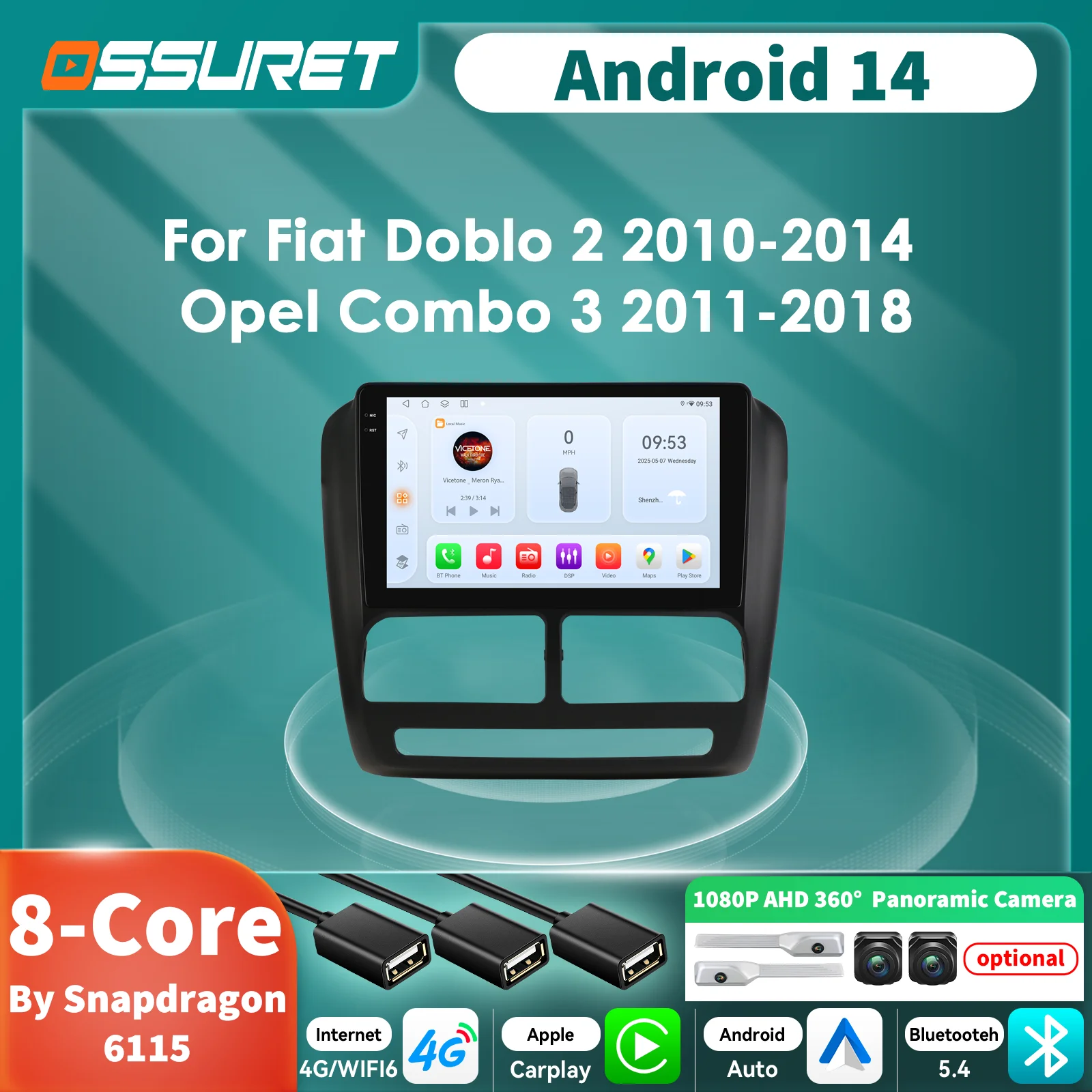 2DIN Carplay Android 14 autoradio per Fiat Doblo 2 2010-2014 Opel Combo 3 2011-2018 lettore multimediale GPS Stereo 360 fotocamera SWC