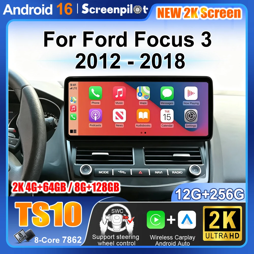 Car Radio Carplay 12.3 Inch For Ford Focus 3 2012 2013 - 2018 Navigation GPS Android Auto Android 16 5G Wifi Unit No 2din DVD
