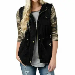 Fashion Women Vest Olive Cargo Utility Safari Vest W Pockets Drawstring Army Top Jacket Coat Casual Streetwear