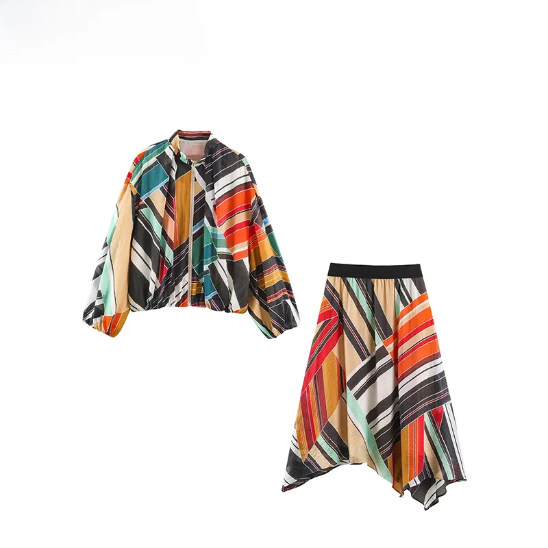 Fashionable Striped Jacket Outerwear Asymmetric Midi Skirt Set Women's Autumn New Arrival Elegant Brandless Ensemble
