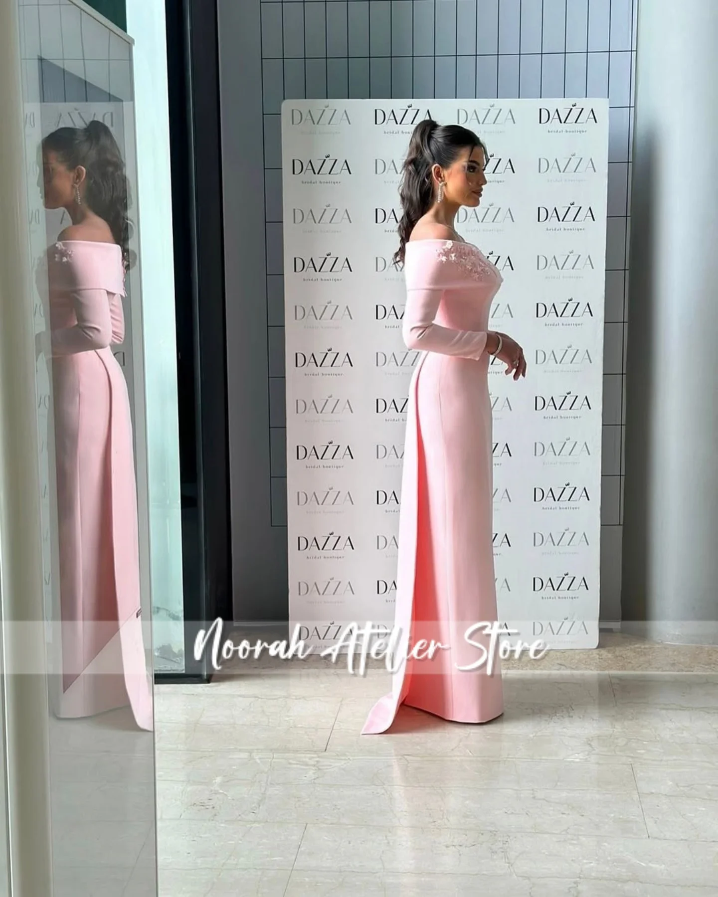 فساتين سهرة جديدة أنيقة على شكل قارب وردي وأكمام طويلة في دبي 2025 فستان زفاف للحفلات الراقصة فستان رسمي من Fساتين