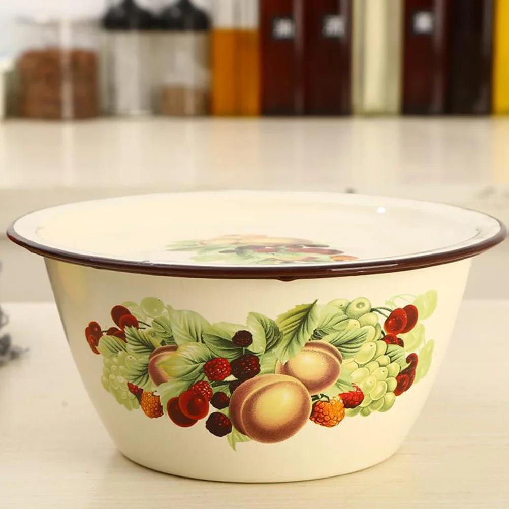 

Vintage Enamel Storage Bowl Large Capacity Soup Basin Kitchen Serving Food Container Lid Mixing Dough Batter Lard Oil Multi