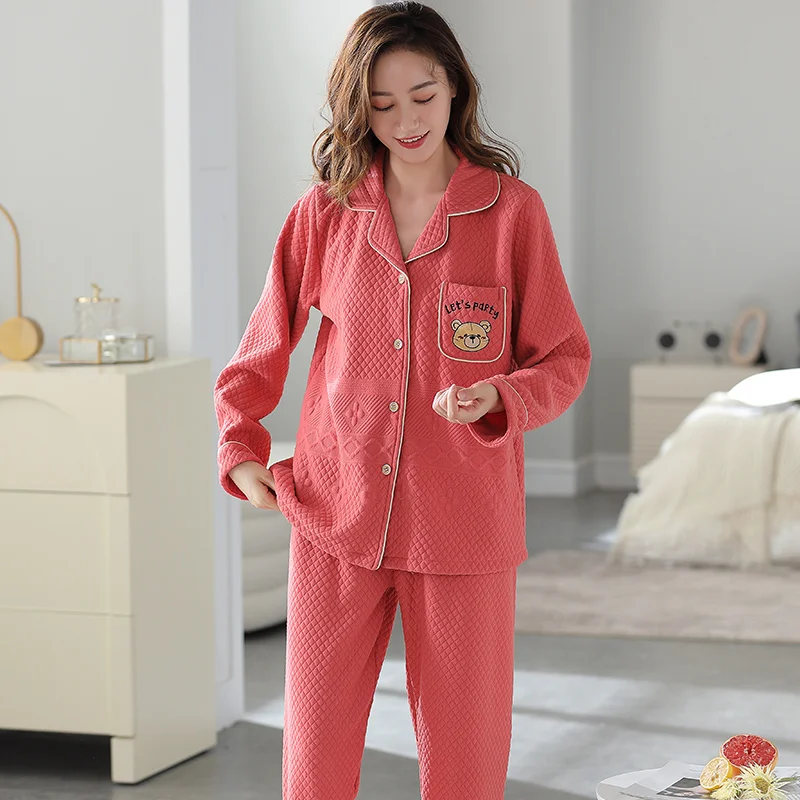 

Pajama Sets Cute Bear Long Sleeve Cotton Mezzanine Nightwear Kawaii Loose Trendy Daily 2 Piece Sleepwear Korean Style Tender