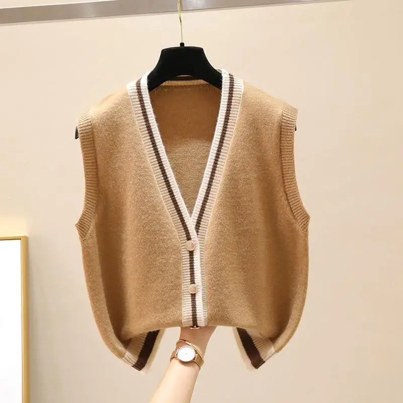 Contrast Color V-neck Sleeveless Knitted Women\'s Trendy Fashion 2023 Autumn Winter Preppy Style Cardigan Button Vest Coat Tops