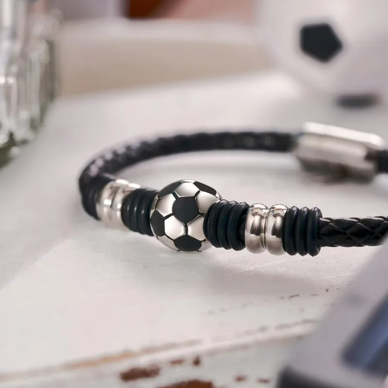 Men's leather bracelet woven leather round rope titanium steel magnetic buckle fan bracelet round leather rope football bracelet