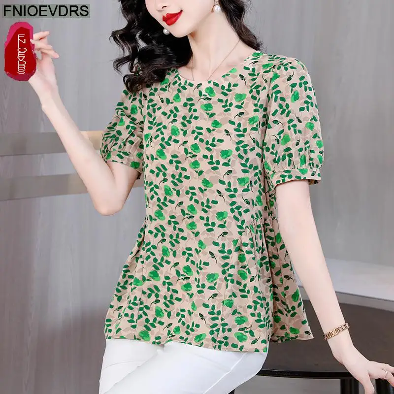 Loose Clothes Women 2025 Summer Short Sleeve Casual Retro Vintage Green Floral Print Peplum Tops O Neck Lady Shirts Blouses