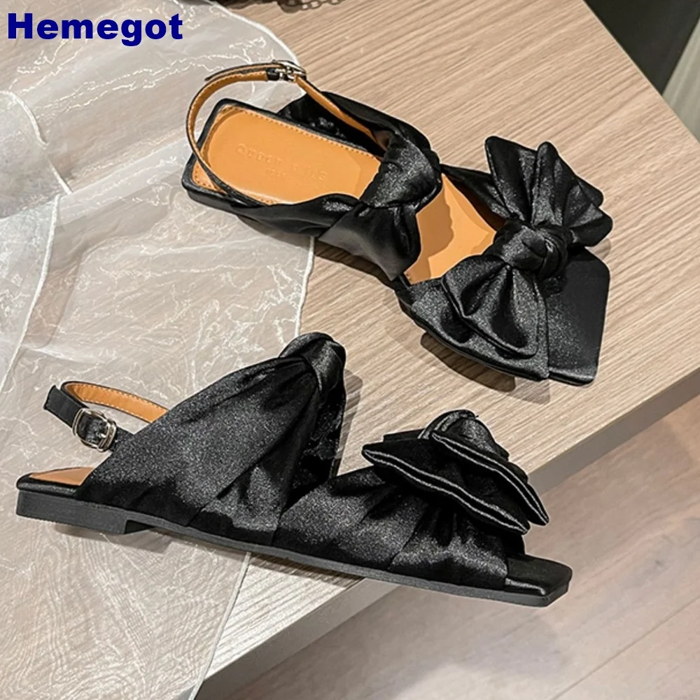 

Bowknot Open Toe Satin Women Sandals 2024 Summer New Luxury Casual Outdoor Flat Sandals Black Buckle Fashion Ladies Sandals