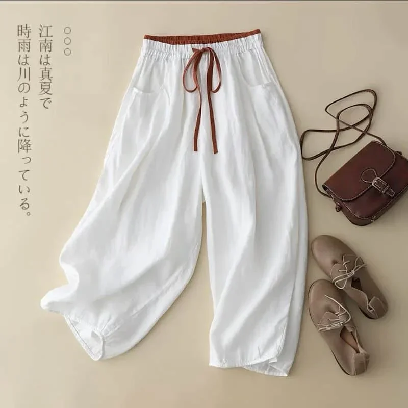 

Pop Cotton Linen Pants Solid Elastic Waist Loose Casual Vintage Korean Style Harajuku Harem Ankle-Length Baggy Pants Women Cloth