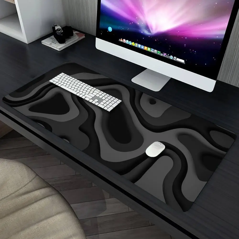 Mouse Pad Black Grey Contour Pattern Playmat Large Non‑Slip Rubber Desk Mat Abstract Wavy Topographic Table Pad For Card Game