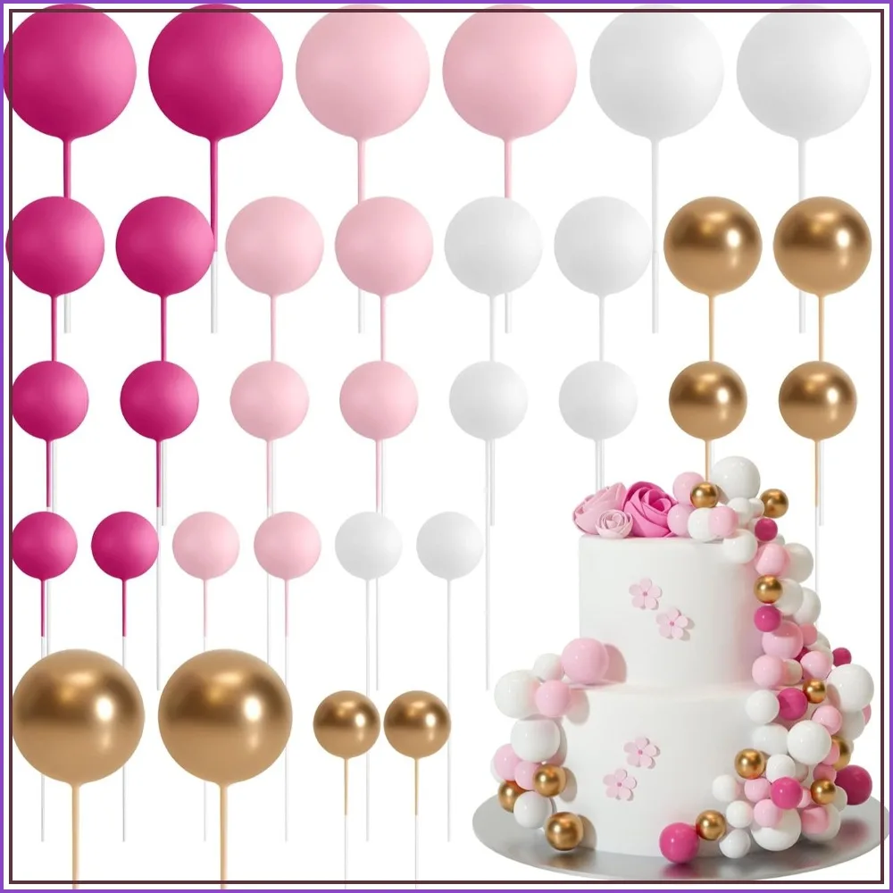 32 Pcs Ball Cake Topper Decorations - Mini Balloons Cake Picks Foam Balls Cake Topper Sticks for Wedding Party Birthday Cake Decorating (Pink Gold)