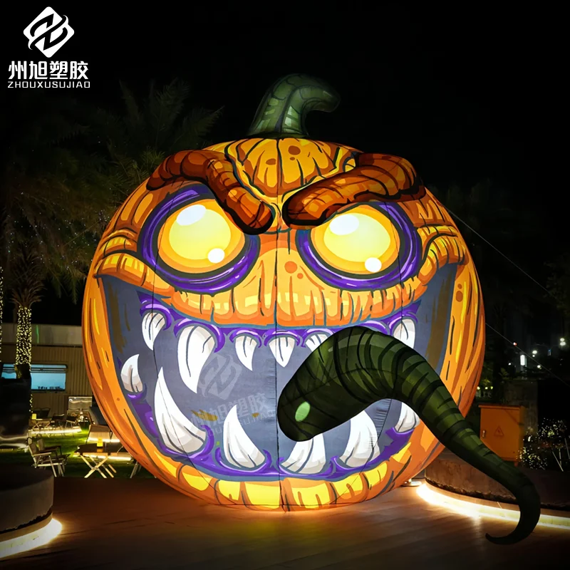 Zucca gonfiabile gigante alta e spaventosa con faccia e lingua feroce Grandi decorazioni per la testa di zucca di Halloween con luce a LED