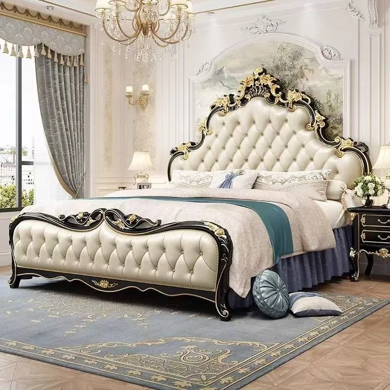 Classic affordable bedroom furniture - European modern minimalist luxury solid wood bed with soft backrest and storage function