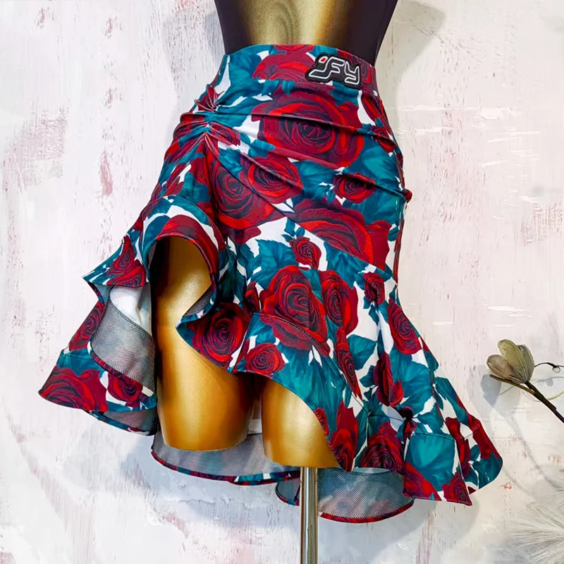 Kostium do tańca latynoamerykańskiego z nadrukiem róż, strój konkursowy, damski kombinezon z siateczki, spódnica z fiszbinami, ubrania do występów samby DN21427